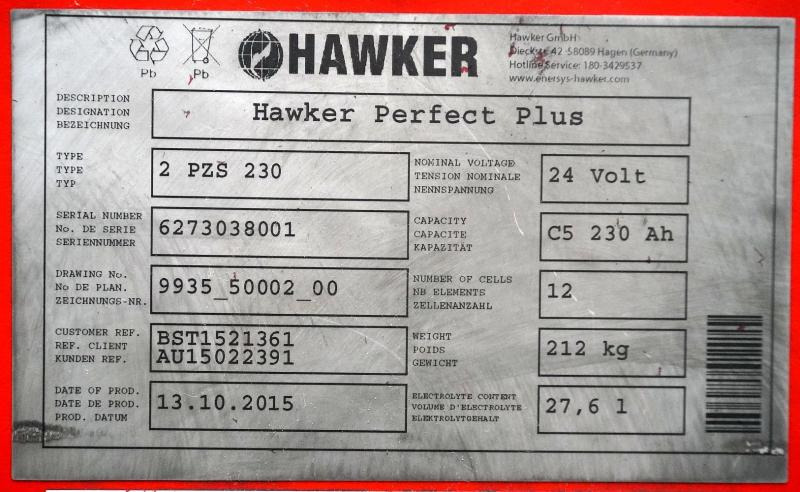 HAWKER 24 Volt 2 PzS 230 Ah - Akkumulátor - Anyagmozgató gép: 5 kép. HAWKER 24 Volt 2 PzS 230 Ah - Akkumulátor - Anyagmozgató gép: 5 kép.