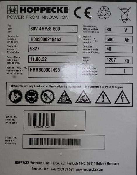 HOPPECKE 80 Volt 4 PzS 500 Ah - Akkumulátor - Anyagmozgató gép: 5 kép. HOPPECKE 80 Volt 4 PzS 500 Ah - Akkumulátor - Anyagmozgató gép: 5 kép.