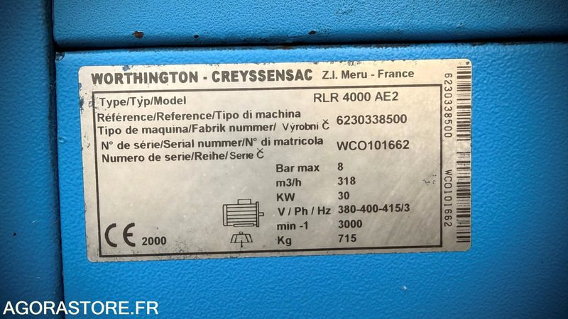 COMPRESSEUR D AIR CREYSSANSAC WORTHINGTON RLR 4000 AE2 -30KW/40CV - Légkompresszor: 2 kép. COMPRESSEUR D AIR CREYSSANSAC WORTHINGTON RLR 4000 AE2 -30KW/40CV - Légkompresszor: 2 kép.