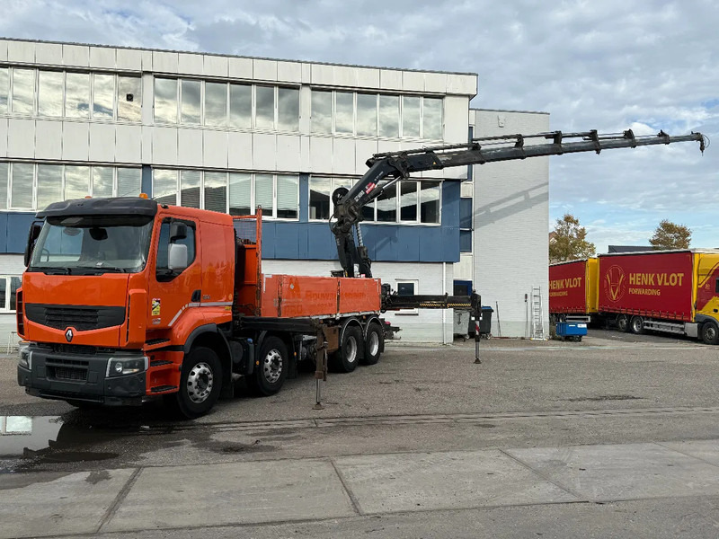 Renault Premium 430 8X4 EEV + HIAB 477 E-7 HIPRO + REMOTE - Platós teherautó, Darus autó: 1 kép. Renault Premium 430 8X4 EEV + HIAB 477 E-7 HIPRO + REMOTE - Platós teherautó, Darus autó: 1 kép.
