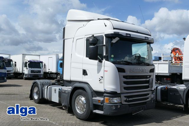 Scania G 450 4x2, Retarder, Hydr., Klima, Alu-Felgen - Nyergesvontató: 1 kép. Scania G 450 4x2, Retarder, Hydr., Klima, Alu-Felgen - Nyergesvontató: 1 kép.