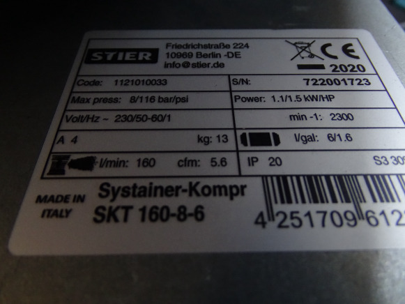 Compresseur STIER SKT 160-8-6 dans son systainer - Légkompresszor: 3 kép. Compresseur STIER SKT 160-8-6 dans son systainer - Légkompresszor: 3 kép.