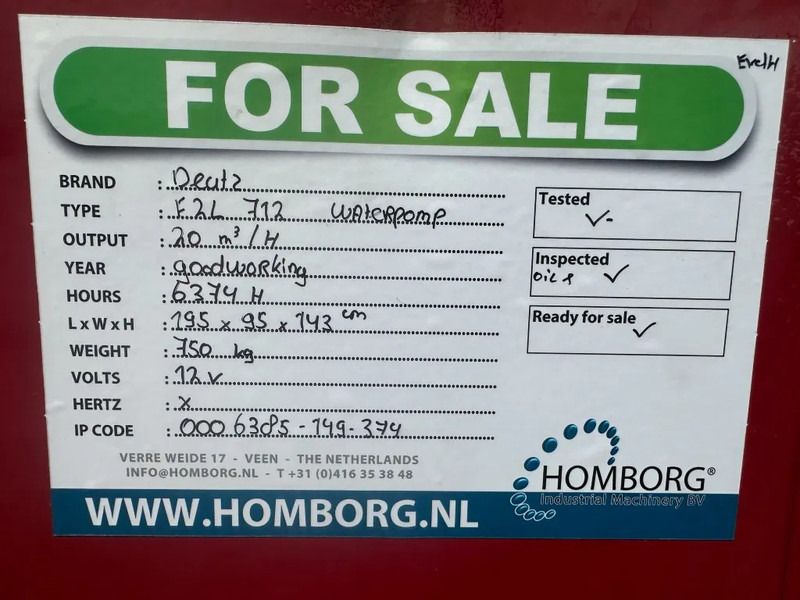 Vízszivattyú Deutz F2L 712 Diesel Waterpomp 20 m3 / h: 12 kép.