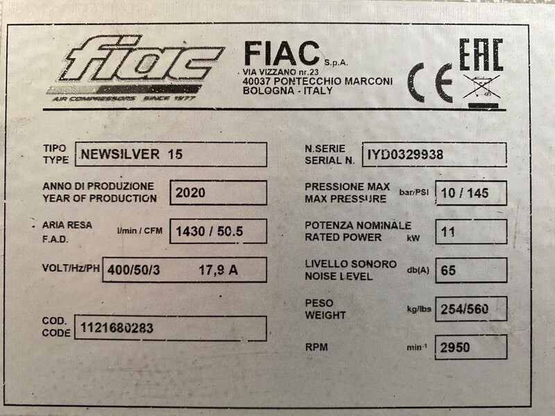 Fiac NewSilver 15 1430 L / min 11 kW 10 Bar Elektrische Schroefcompressor Nieuw ! - Légkompresszor: 4 kép. Fiac NewSilver 15 1430 L / min 11 kW 10 Bar Elektrische Schroefcompressor Nieuw ! - Légkompresszor: 4 kép.