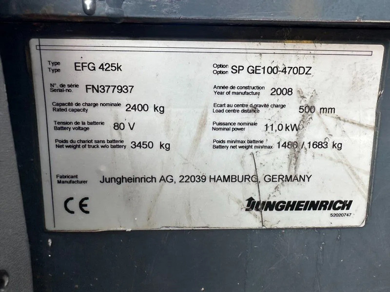 Jungheinrich EFG 425 K 2.5 ton Triplex Freelift Sideshift Elektra Heftruck - Elektromos targonca: 5 kép. Jungheinrich EFG 425 K 2.5 ton Triplex Freelift Sideshift Elektra Heftruck - Elektromos targonca: 5 kép.