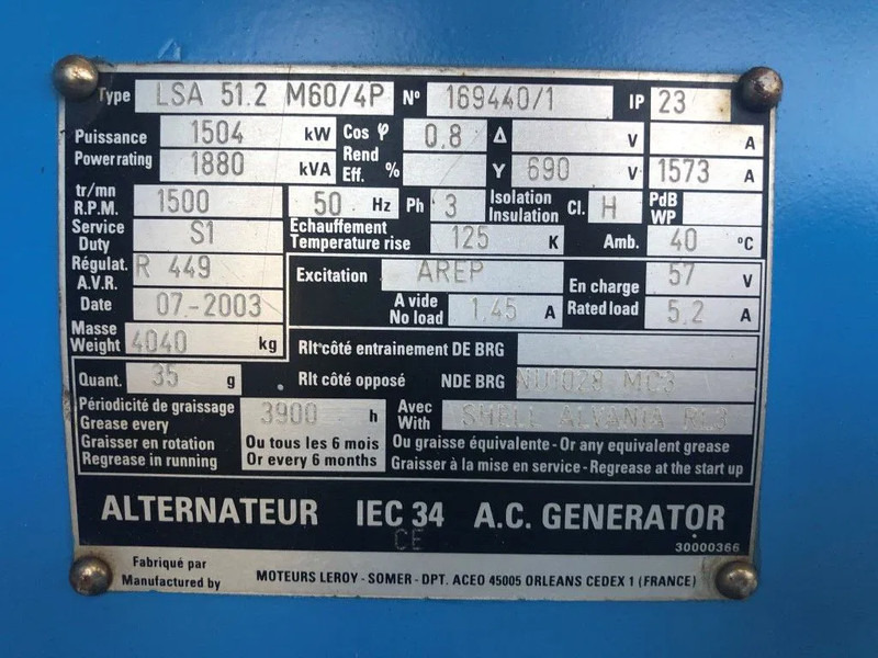 Leroy Somer SDMO 1880 kVA generatordeel SDMO 1880 kVA generatordeel op frame - Áramfejlesztő: 4 kép. Leroy Somer SDMO 1880 kVA generatordeel SDMO 1880 kVA generatordeel op frame - Áramfejlesztő: 4 kép.