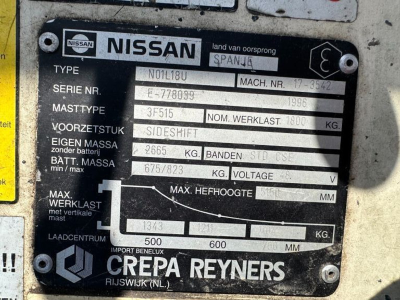 Nissan N01L18U 1.8 ton Triplex Freelift Sideshift Elektra Heftruck Accu 2016 ! - Elektromos targonca: 3 kép. Nissan N01L18U 1.8 ton Triplex Freelift Sideshift Elektra Heftruck Accu 2016 ! - Elektromos targonca: 3 kép.