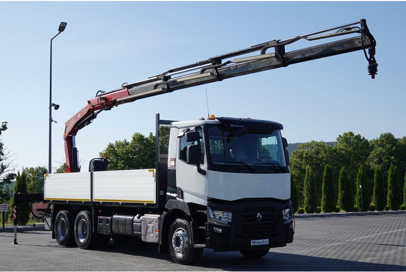 Renault C 380 / 6X4 / SKRZYNIOWY 6.4 M / + HDS FASSI F175A / MAX UDŹWIG - Platós teherautó, Darus autó: 1 kép. Renault C 380 / 6X4 / SKRZYNIOWY 6.4 M / + HDS FASSI F175A / MAX UDŹWIG - Platós teherautó, Darus autó: 1 kép.