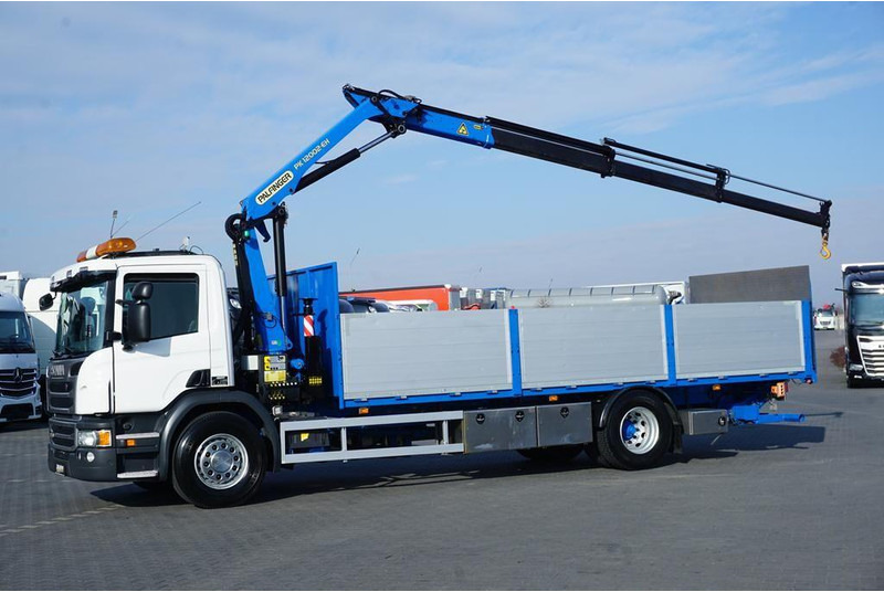 Scania P 250 / ACC / SKRZYNIOWY + HDS + WINDA / PALFINGER PK 12 002 - E - Platós teherautó, Darus autó: 3 kép. Scania P 250 / ACC / SKRZYNIOWY + HDS + WINDA / PALFINGER PK 12 002 - E - Platós teherautó, Darus autó: 3 kép.