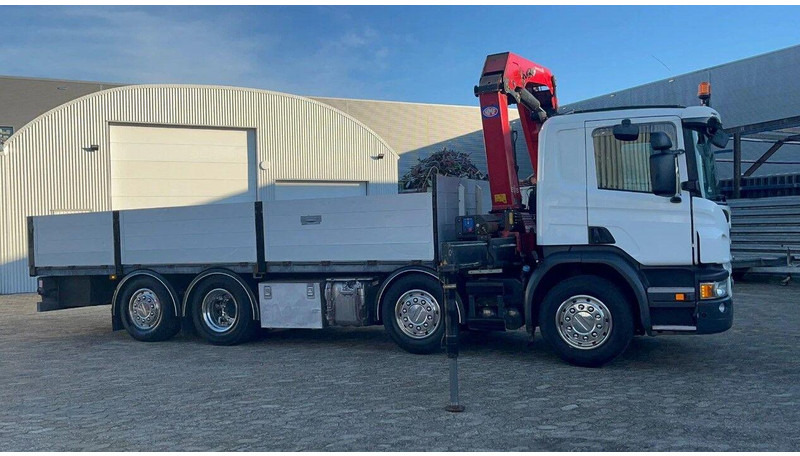 Platós teherautó, Darus autó Scania P450 8x2 Flatbed + Crane HMF 2620-K6: 6 kép.