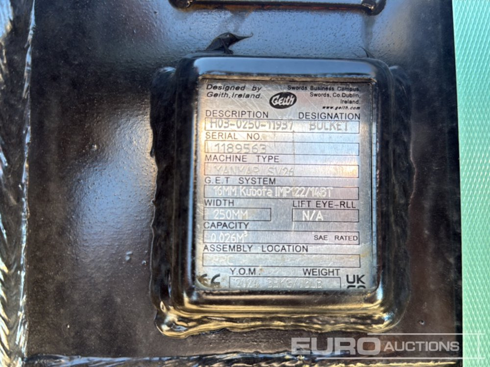 Geith Digging Bucket H03-0250-11937 to suit Yanmar SV26 (S/Ns 1189563, 1197867) (2 of) - Kanál: 5 kép. Geith Digging Bucket H03-0250-11937 to suit Yanmar SV26 (S/Ns 1189563, 1197867) (2 of) - Kanál: 5 kép.