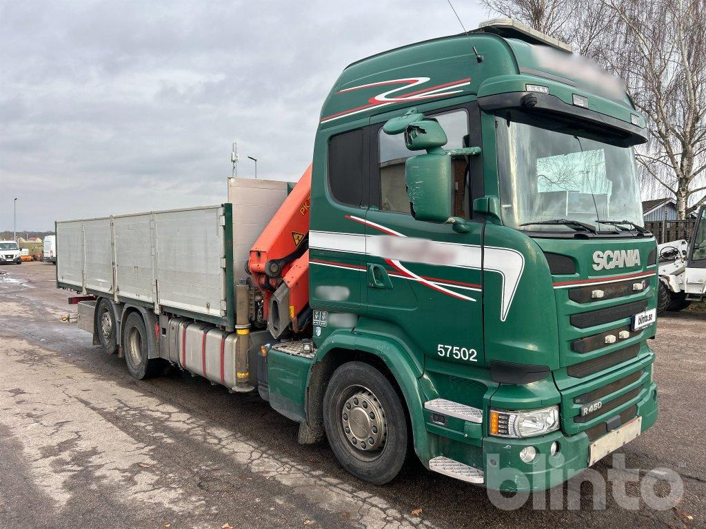 Scania R450 6x2*4 Palfinger PK22002 EH - Platós teherautó, Darus autó: 3 kép. Scania R450 6x2*4 Palfinger PK22002 EH - Platós teherautó, Darus autó: 3 kép.